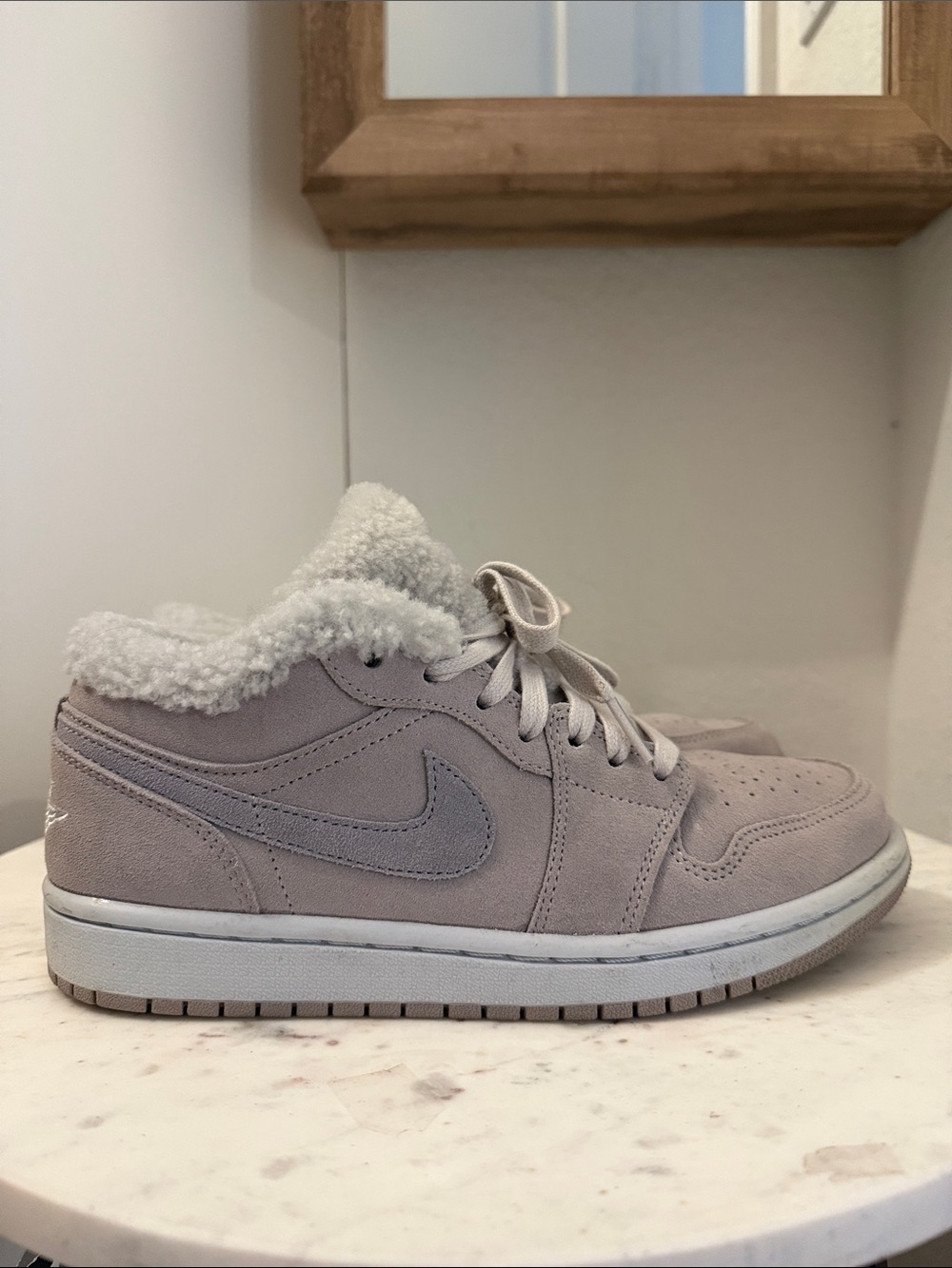 Nike Air Jordan Suede Low-Top Sneakers with Shearling Collar in Light Gray